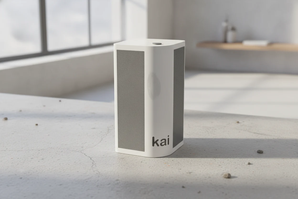 Kai concept device with a white enclosure and grey speaker panels, in a bright home